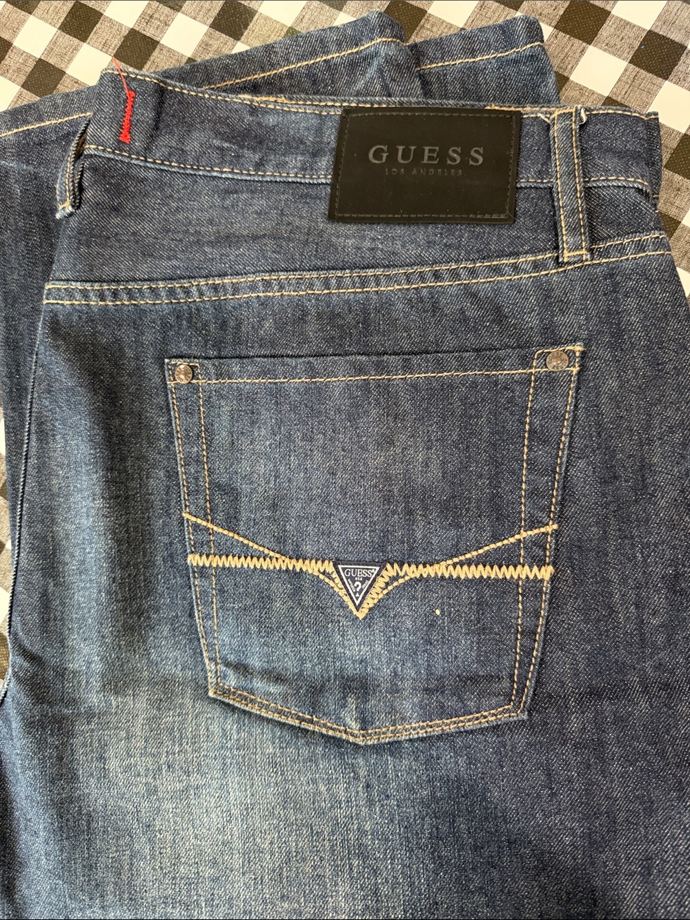 GUESS Men's Denim Slim Straight Jeans in Blue with Contrast Stitching